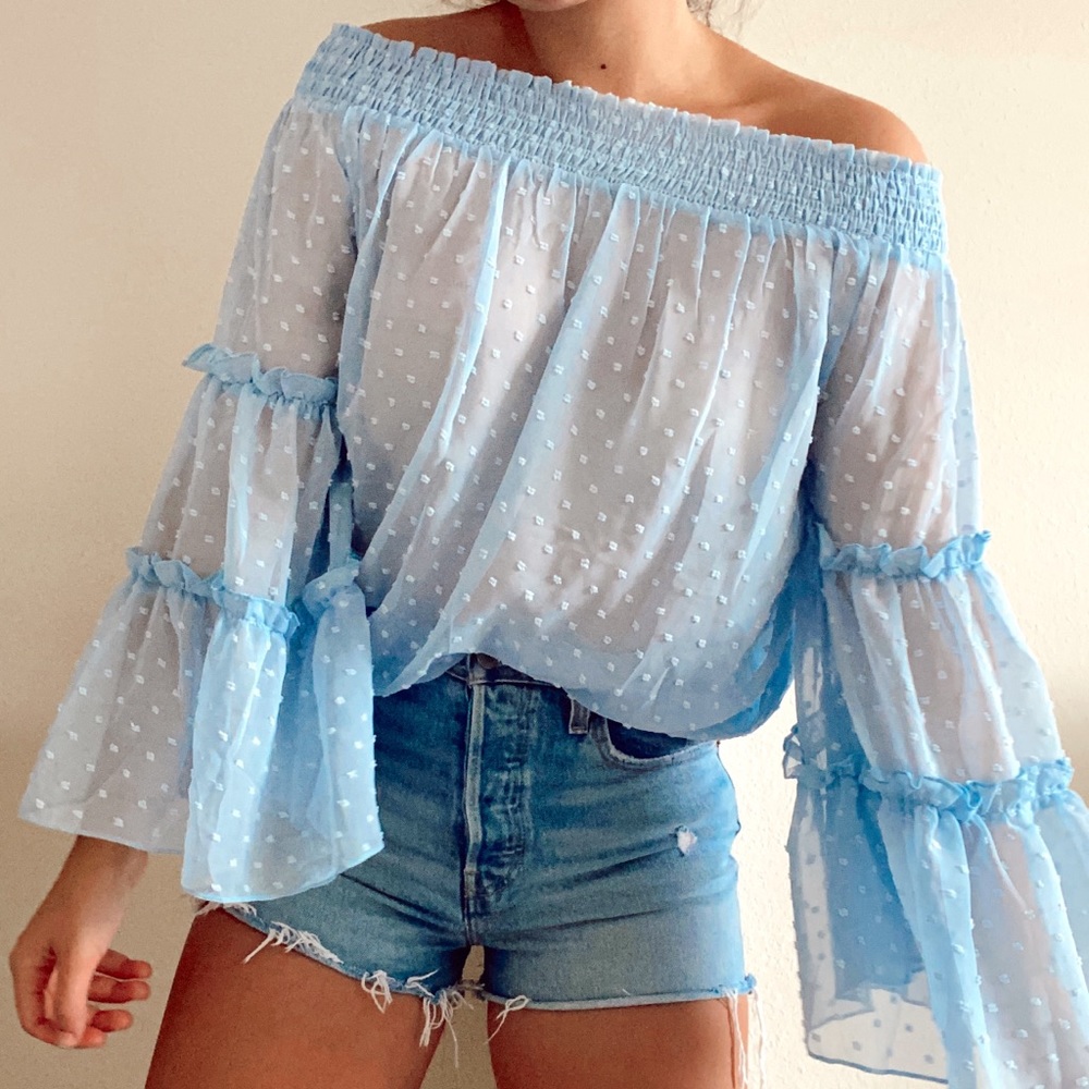 NWT baby blue tiny Pom Pom print long flowy bell sleeve strapless blouse